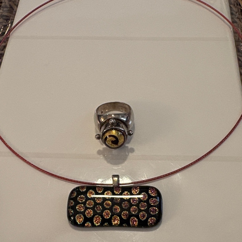 Black and Gold Dichroic Glass Pendant Necklace with SterlingSilver Dichroic Ring